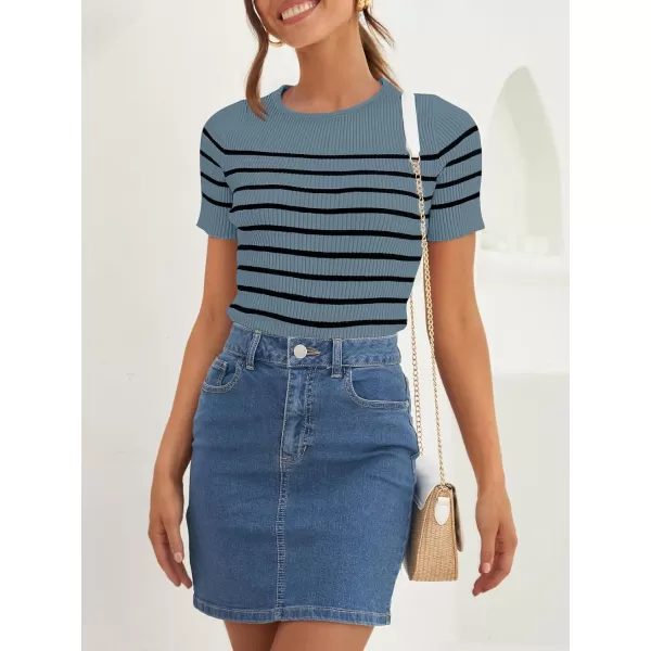 imageZESICA Womens Short Sleeve Crewneck Striped T Shirt 2024 Summer Ribbed Knit Slim Fit Casual Basic Tee TopsDarkblue