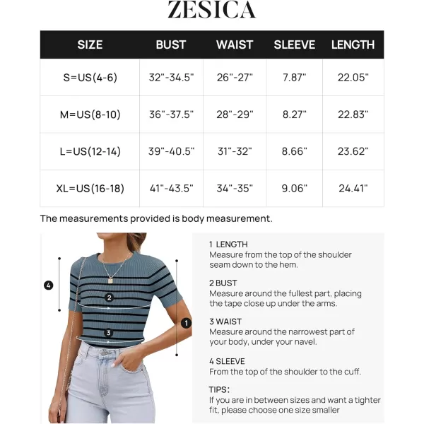 imageZESICA Womens Short Sleeve Crewneck Striped T Shirt 2024 Summer Ribbed Knit Slim Fit Casual Basic Tee TopsDarkblue