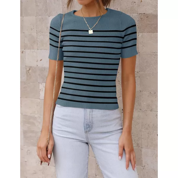 imageZESICA Womens Short Sleeve Crewneck Striped T Shirt 2024 Summer Ribbed Knit Slim Fit Casual Basic Tee TopsDarkblue