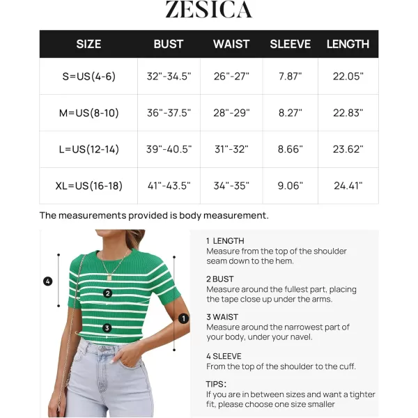 imageZESICA Womens Short Sleeve Crewneck Striped T Shirt 2024 Summer Ribbed Knit Slim Fit Casual Basic Tee TopsGreen