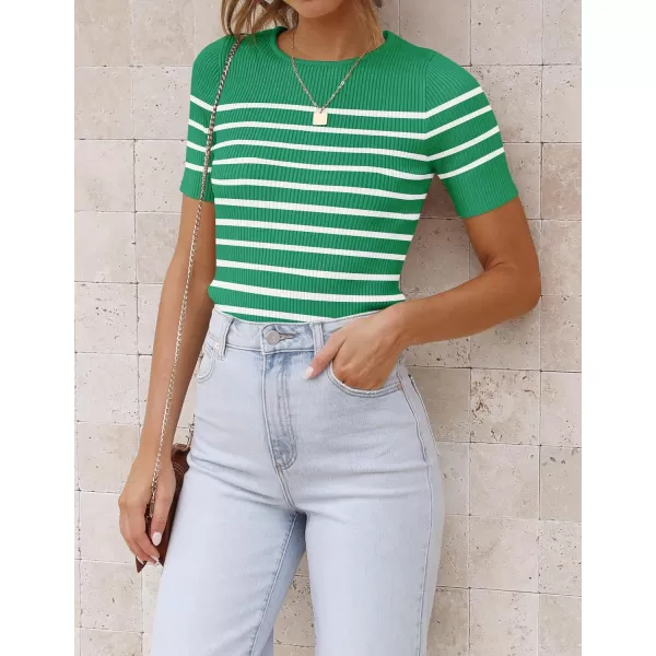imageZESICA Womens Short Sleeve Crewneck Striped T Shirt 2024 Summer Ribbed Knit Slim Fit Casual Basic Tee TopsGreen
