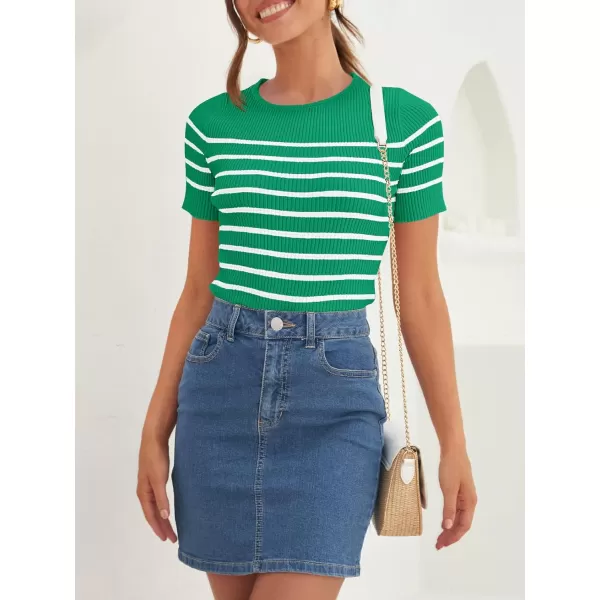 imageZESICA Womens Short Sleeve Crewneck Striped T Shirt 2024 Summer Ribbed Knit Slim Fit Casual Basic Tee TopsGreen