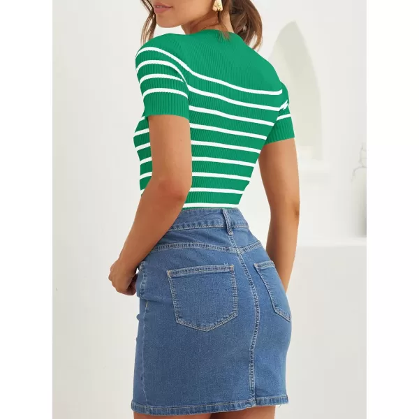 imageZESICA Womens Short Sleeve Crewneck Striped T Shirt 2024 Summer Ribbed Knit Slim Fit Casual Basic Tee TopsGreen