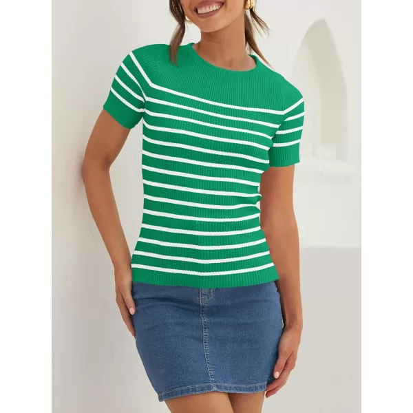 imageZESICA Womens Short Sleeve Crewneck Striped T Shirt 2024 Summer Ribbed Knit Slim Fit Casual Basic Tee TopsGreen