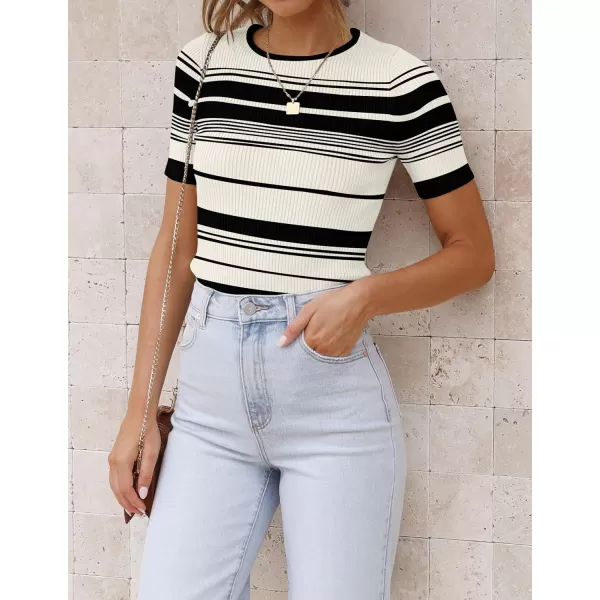 imageZESICA Womens Short Sleeve Crewneck Striped T Shirt 2024 Summer Ribbed Knit Slim Fit Casual Basic Tee TopsIvory
