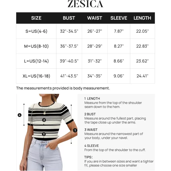 imageZESICA Womens Short Sleeve Crewneck Striped T Shirt 2024 Summer Ribbed Knit Slim Fit Casual Basic Tee TopsIvory