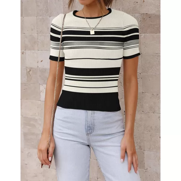 imageZESICA Womens Short Sleeve Crewneck Striped T Shirt 2024 Summer Ribbed Knit Slim Fit Casual Basic Tee TopsIvory