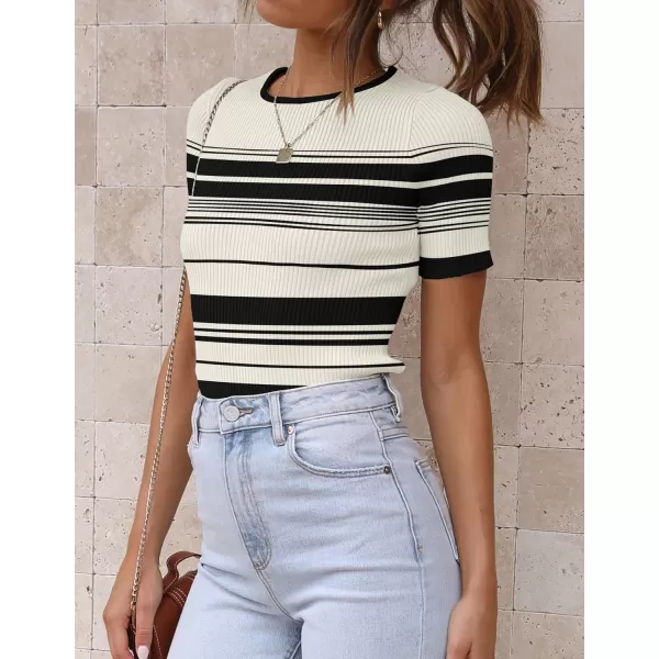 imageZESICA Womens Short Sleeve Crewneck Striped T Shirt 2024 Summer Ribbed Knit Slim Fit Casual Basic Tee TopsIvory