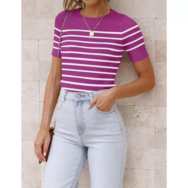 imageZESICA Womens Short Sleeve Crewneck Striped T Shirt 2024 Summer Ribbed Knit Slim Fit Casual Basic Tee TopsMagenta