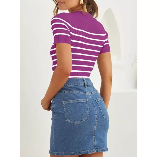 imageZESICA Womens Short Sleeve Crewneck Striped T Shirt 2024 Summer Ribbed Knit Slim Fit Casual Basic Tee TopsMagenta