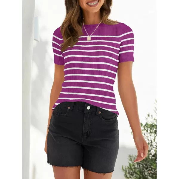imageZESICA Womens Short Sleeve Crewneck Striped T Shirt 2024 Summer Ribbed Knit Slim Fit Casual Basic Tee TopsMagenta