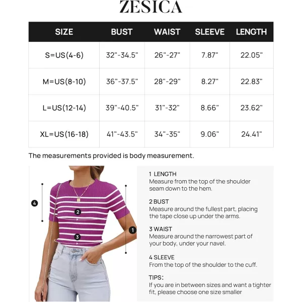 imageZESICA Womens Short Sleeve Crewneck Striped T Shirt 2024 Summer Ribbed Knit Slim Fit Casual Basic Tee TopsMagenta
