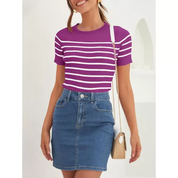 imageZESICA Womens Short Sleeve Crewneck Striped T Shirt 2024 Summer Ribbed Knit Slim Fit Casual Basic Tee TopsMagenta