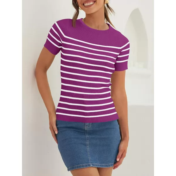 imageZESICA Womens Short Sleeve Crewneck Striped T Shirt 2024 Summer Ribbed Knit Slim Fit Casual Basic Tee TopsMagenta