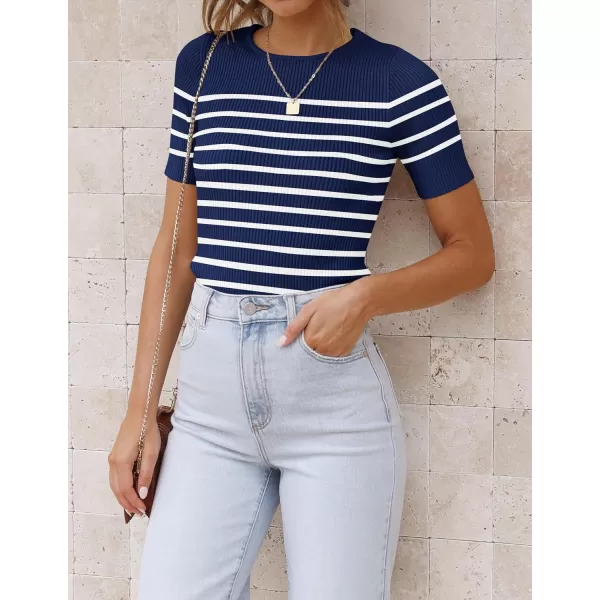 imageZESICA Womens Short Sleeve Crewneck Striped T Shirt 2024 Summer Ribbed Knit Slim Fit Casual Basic Tee TopsNavy