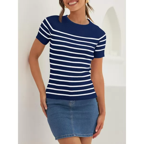 imageZESICA Womens Short Sleeve Crewneck Striped T Shirt 2024 Summer Ribbed Knit Slim Fit Casual Basic Tee TopsNavy