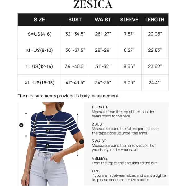 imageZESICA Womens Short Sleeve Crewneck Striped T Shirt 2024 Summer Ribbed Knit Slim Fit Casual Basic Tee TopsNavy