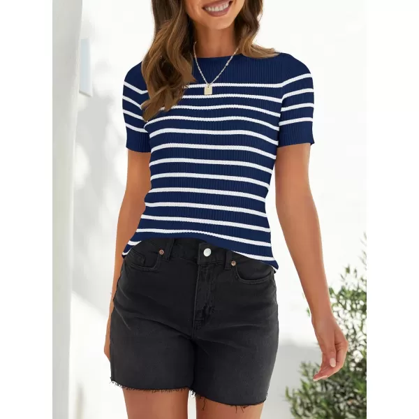 imageZESICA Womens Short Sleeve Crewneck Striped T Shirt 2024 Summer Ribbed Knit Slim Fit Casual Basic Tee TopsNavy