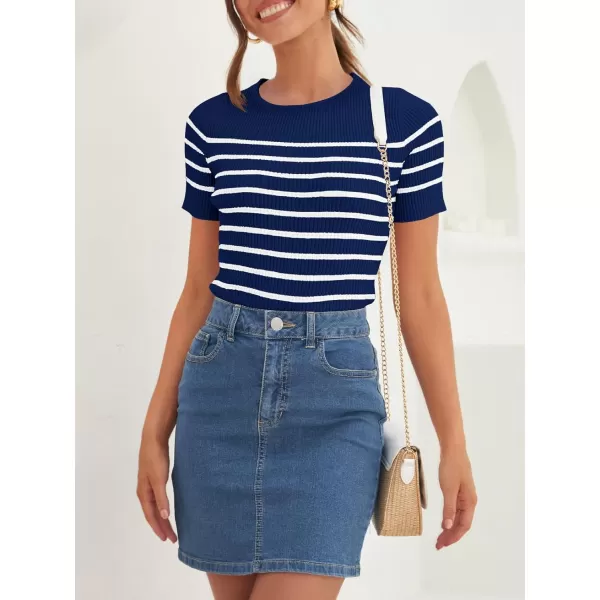 imageZESICA Womens Short Sleeve Crewneck Striped T Shirt 2024 Summer Ribbed Knit Slim Fit Casual Basic Tee TopsNavy