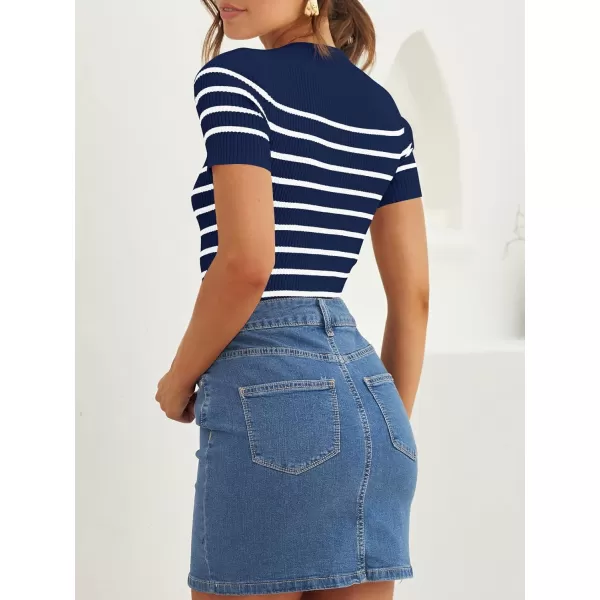 imageZESICA Womens Short Sleeve Crewneck Striped T Shirt 2024 Summer Ribbed Knit Slim Fit Casual Basic Tee TopsNavy