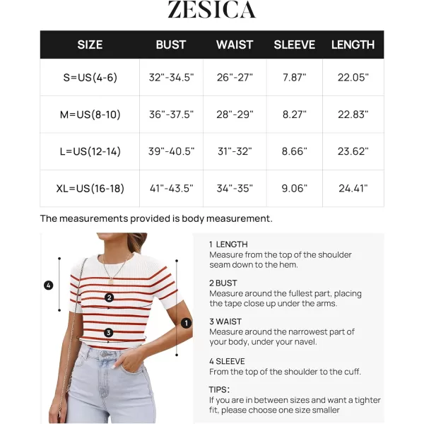 imageZESICA Womens Short Sleeve Crewneck Striped T Shirt 2024 Summer Ribbed Knit Slim Fit Casual Basic Tee TopsRed