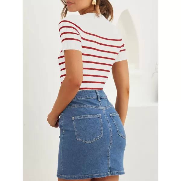 imageZESICA Womens Short Sleeve Crewneck Striped T Shirt 2024 Summer Ribbed Knit Slim Fit Casual Basic Tee TopsRed