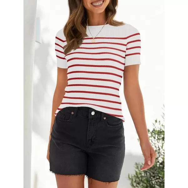 imageZESICA Womens Short Sleeve Crewneck Striped T Shirt 2024 Summer Ribbed Knit Slim Fit Casual Basic Tee TopsRed