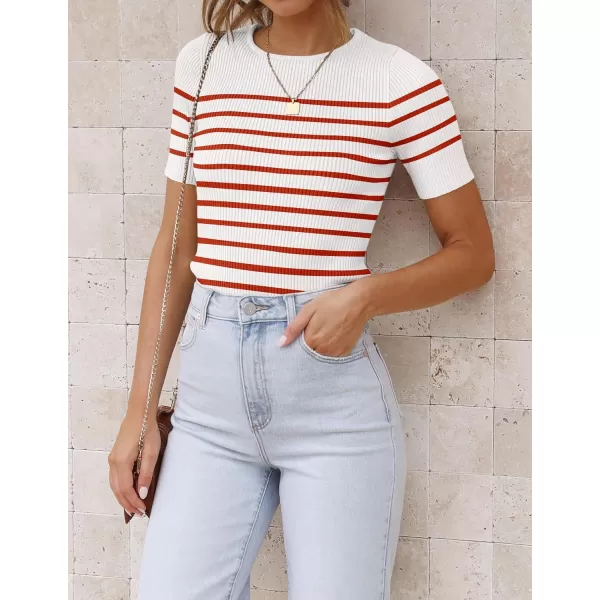 imageZESICA Womens Short Sleeve Crewneck Striped T Shirt 2024 Summer Ribbed Knit Slim Fit Casual Basic Tee TopsRed