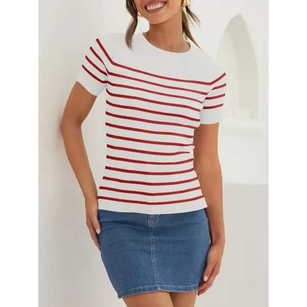 imageZESICA Womens Short Sleeve Crewneck Striped T Shirt 2024 Summer Ribbed Knit Slim Fit Casual Basic Tee TopsRed