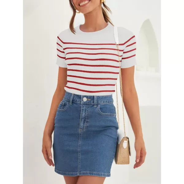 imageZESICA Womens Short Sleeve Crewneck Striped T Shirt 2024 Summer Ribbed Knit Slim Fit Casual Basic Tee TopsRed