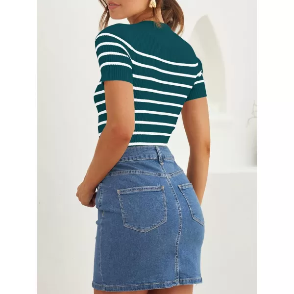 imageZESICA Womens Short Sleeve Crewneck Striped T Shirt 2024 Summer Ribbed Knit Slim Fit Casual Basic Tee TopsTeal