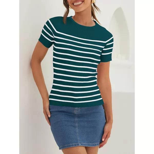 imageZESICA Womens Short Sleeve Crewneck Striped T Shirt 2024 Summer Ribbed Knit Slim Fit Casual Basic Tee TopsTeal