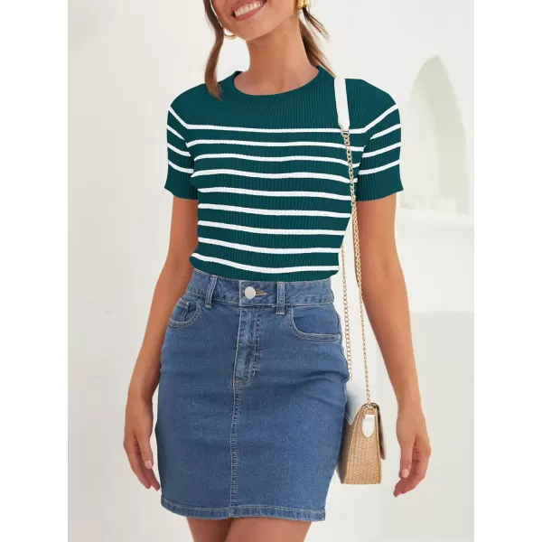 imageZESICA Womens Short Sleeve Crewneck Striped T Shirt 2024 Summer Ribbed Knit Slim Fit Casual Basic Tee TopsTeal
