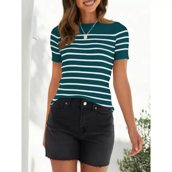 imageZESICA Womens Short Sleeve Crewneck Striped T Shirt 2024 Summer Ribbed Knit Slim Fit Casual Basic Tee TopsTeal