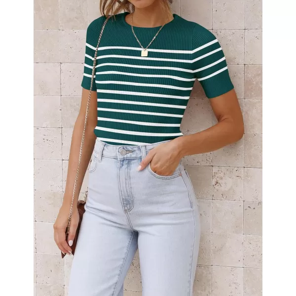 imageZESICA Womens Short Sleeve Crewneck Striped T Shirt 2024 Summer Ribbed Knit Slim Fit Casual Basic Tee TopsTeal