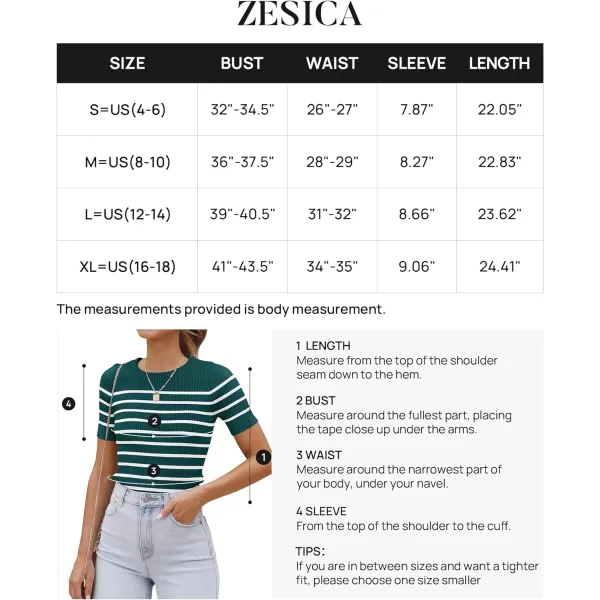 imageZESICA Womens Short Sleeve Crewneck Striped T Shirt 2024 Summer Ribbed Knit Slim Fit Casual Basic Tee TopsTeal