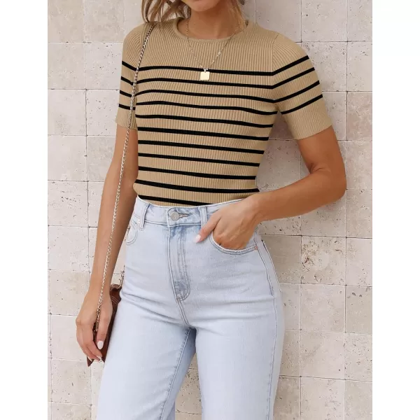 imageZESICA Womens Short Sleeve Crewneck Striped T Shirt 2024 Summer Ribbed Knit Slim Fit Casual Basic Tee TopsToffee