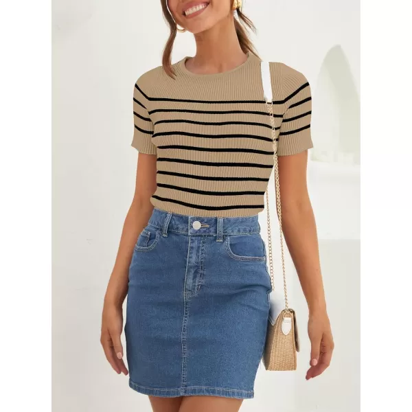 imageZESICA Womens Short Sleeve Crewneck Striped T Shirt 2024 Summer Ribbed Knit Slim Fit Casual Basic Tee TopsToffee