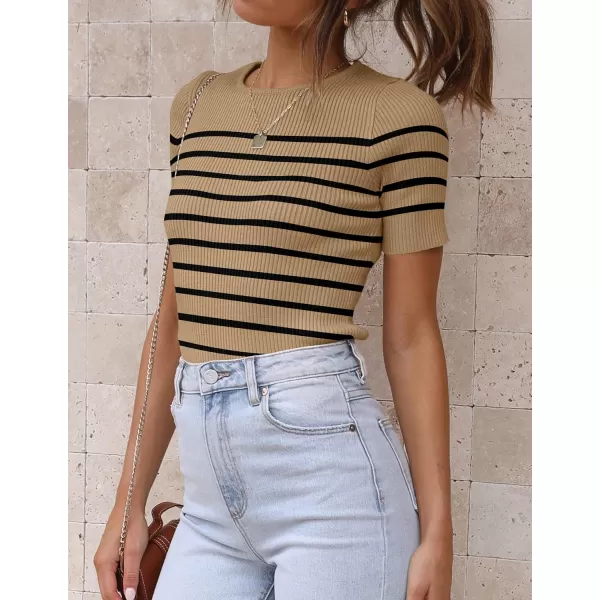 imageZESICA Womens Short Sleeve Crewneck Striped T Shirt 2024 Summer Ribbed Knit Slim Fit Casual Basic Tee TopsToffee
