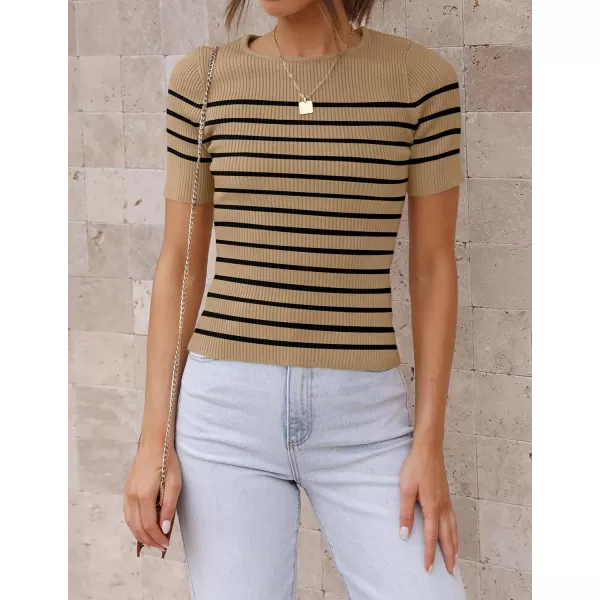 imageZESICA Womens Short Sleeve Crewneck Striped T Shirt 2024 Summer Ribbed Knit Slim Fit Casual Basic Tee TopsToffee