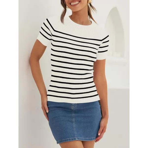 imageZESICA Womens Short Sleeve Crewneck Striped T Shirt 2024 Summer Ribbed Knit Slim Fit Casual Basic Tee TopsWhite