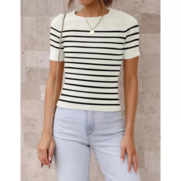 imageZESICA Womens Short Sleeve Crewneck Striped T Shirt 2024 Summer Ribbed Knit Slim Fit Casual Basic Tee TopsWhite
