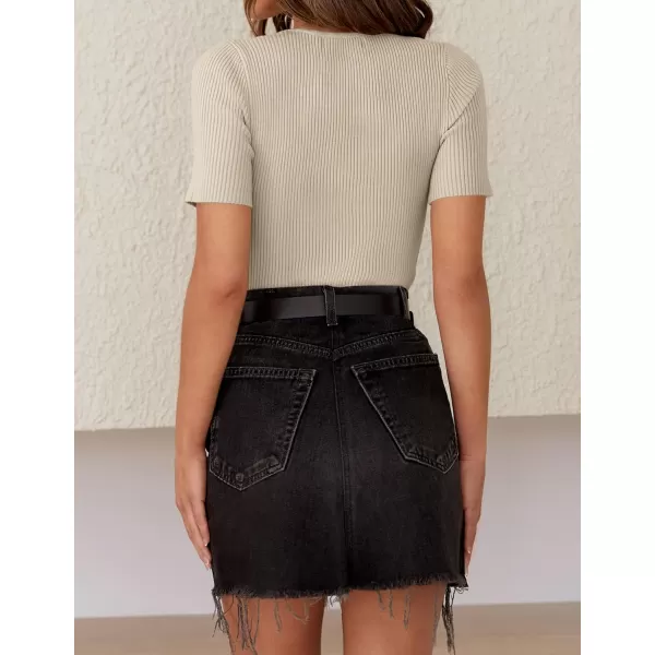 imageZESICA Womens Short Sleeve Crewneck T Shirt 2024 Summer Ribbed Knit Slim Fit Basic Solid Color Tee TopsAlmond