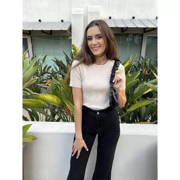 imageZESICA Womens Short Sleeve Crewneck T Shirt 2024 Summer Ribbed Knit Slim Fit Basic Solid Color Tee TopsAlmond