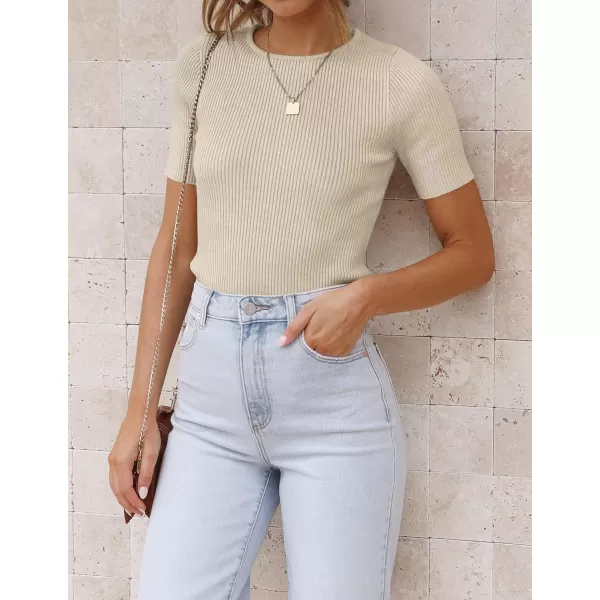 imageZESICA Womens Short Sleeve Crewneck T Shirt 2024 Summer Ribbed Knit Slim Fit Basic Solid Color Tee TopsAlmond