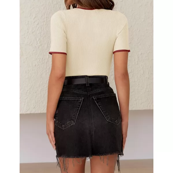 imageZESICA Womens Short Sleeve Crewneck T Shirt 2024 Summer Ribbed Knit Slim Fit Basic Solid Color Tee TopsApricot