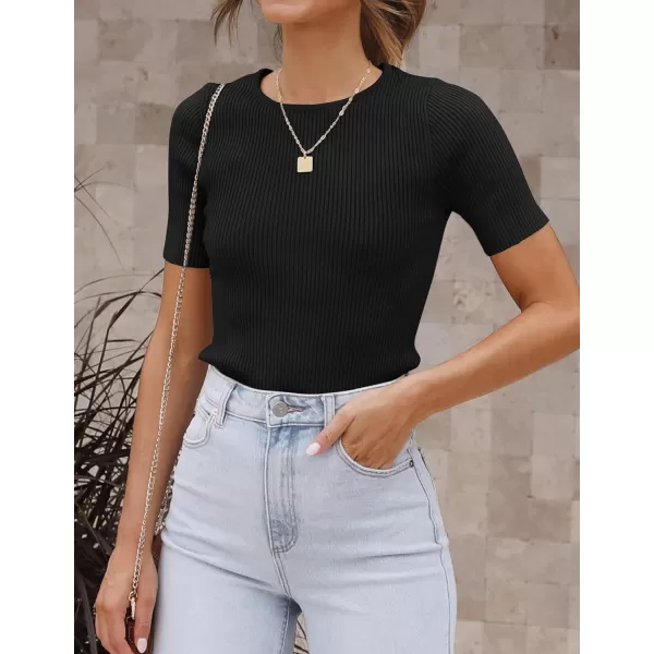imageZESICA Womens Short Sleeve Crewneck T Shirt 2024 Summer Ribbed Knit Slim Fit Basic Solid Color Tee TopsBlack