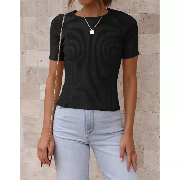 imageZESICA Womens Short Sleeve Crewneck T Shirt 2024 Summer Ribbed Knit Slim Fit Basic Solid Color Tee TopsBlack