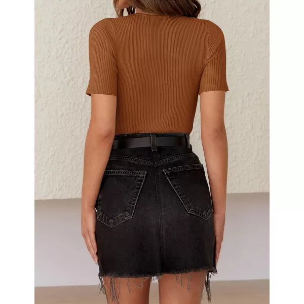 imageZESICA Womens Short Sleeve Crewneck T Shirt 2024 Summer Ribbed Knit Slim Fit Basic Solid Color Tee TopsBrown