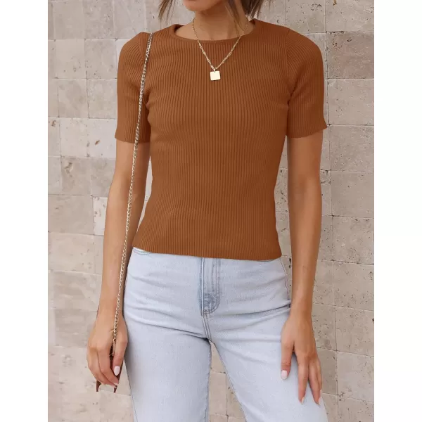 imageZESICA Womens Short Sleeve Crewneck T Shirt 2024 Summer Ribbed Knit Slim Fit Basic Solid Color Tee TopsBrown